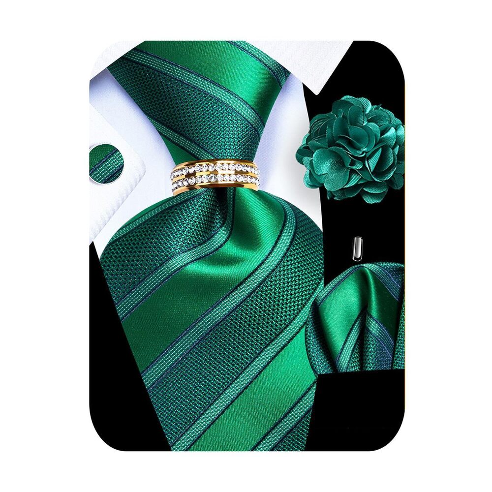 7377 5PCS Green Striped Silk Designer Tie Pocket Square Cufflinks